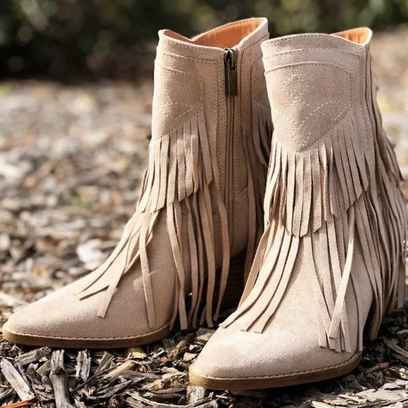 NEW Fringe Tassel Faux Suede Pointy Toe Block Heel Western Booties Boots Taupe - Picture 10 of 13